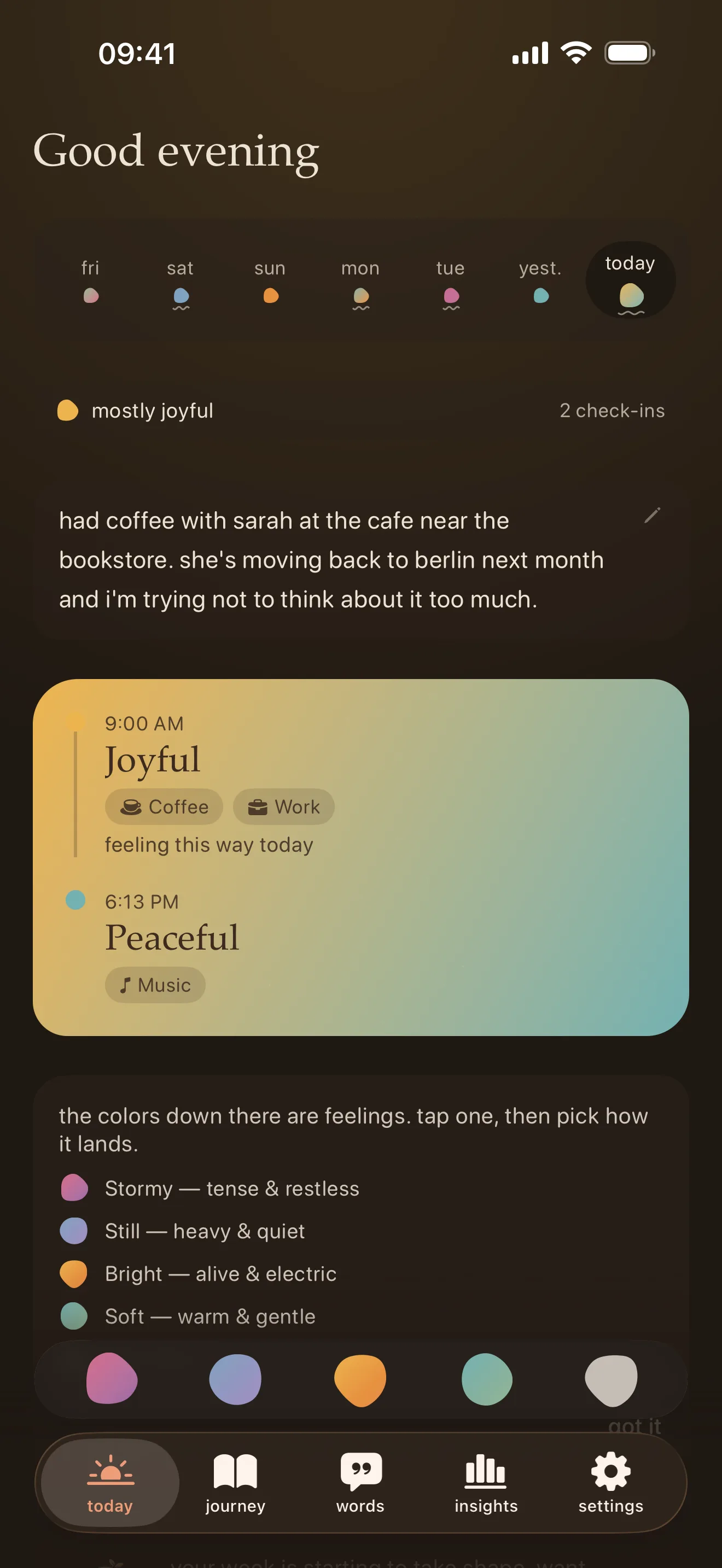 toody's Today screen at night: a 'Good evening' greeting in warm dark mode, the week's glowing mood dots, a journal page, two check-ins (Joyful in the morning, Peaceful in the evening), and the row of mood colors along the bottom.