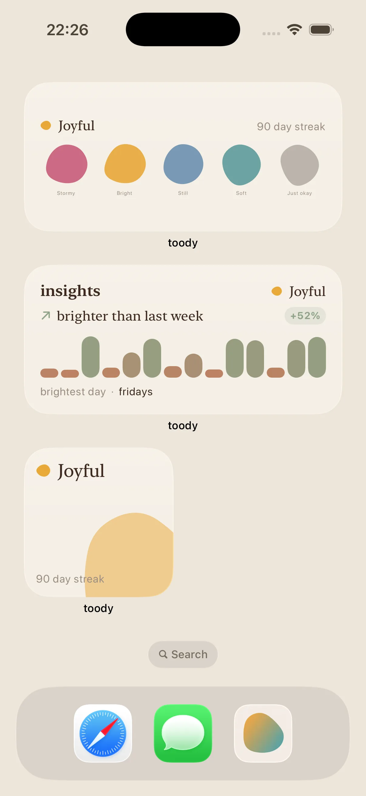 toody's Home Screen widgets: a quick-add widget with today's mood and the week's dots, and an insights widget with a 14-day sparkline.