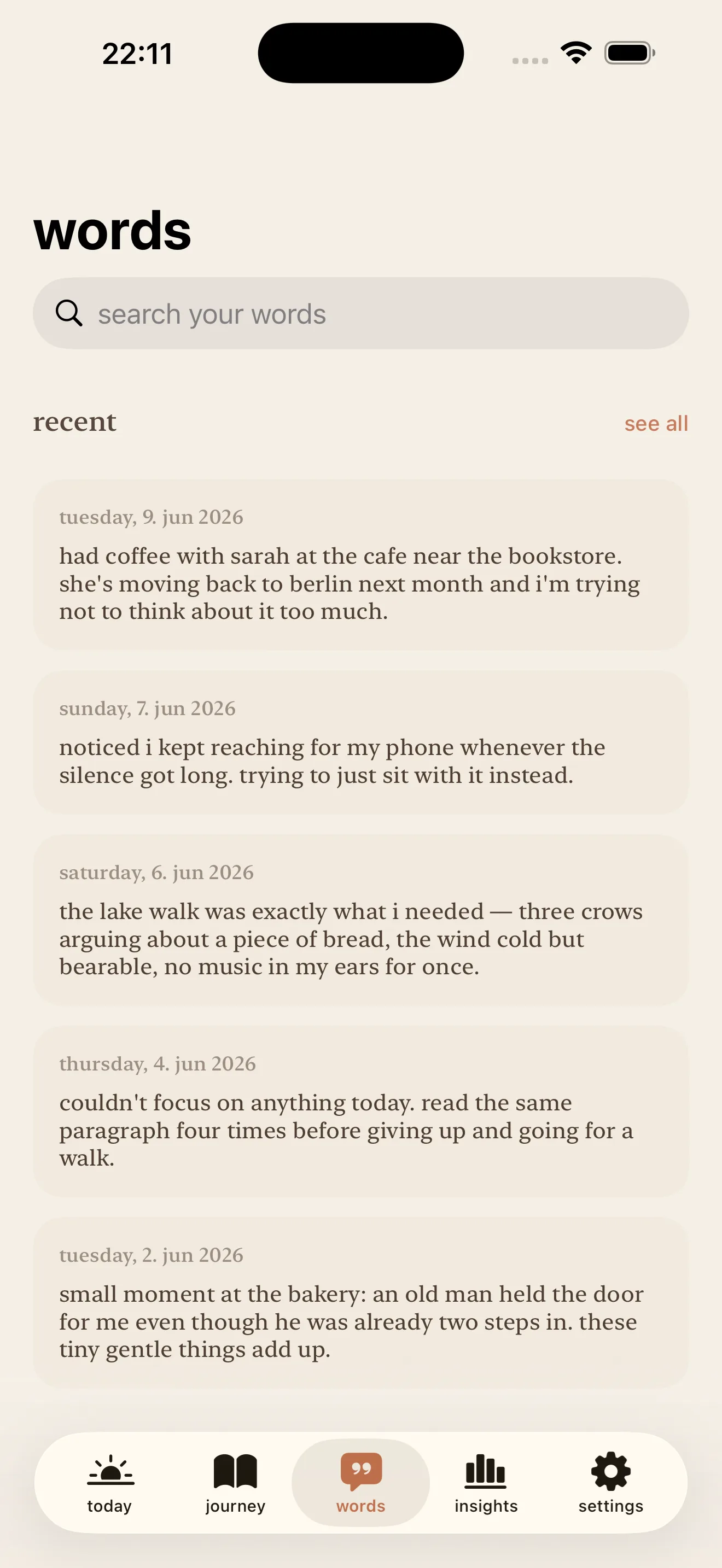 The words tab: a search field over your journal and a list of recent entries, each a few honest sentences.