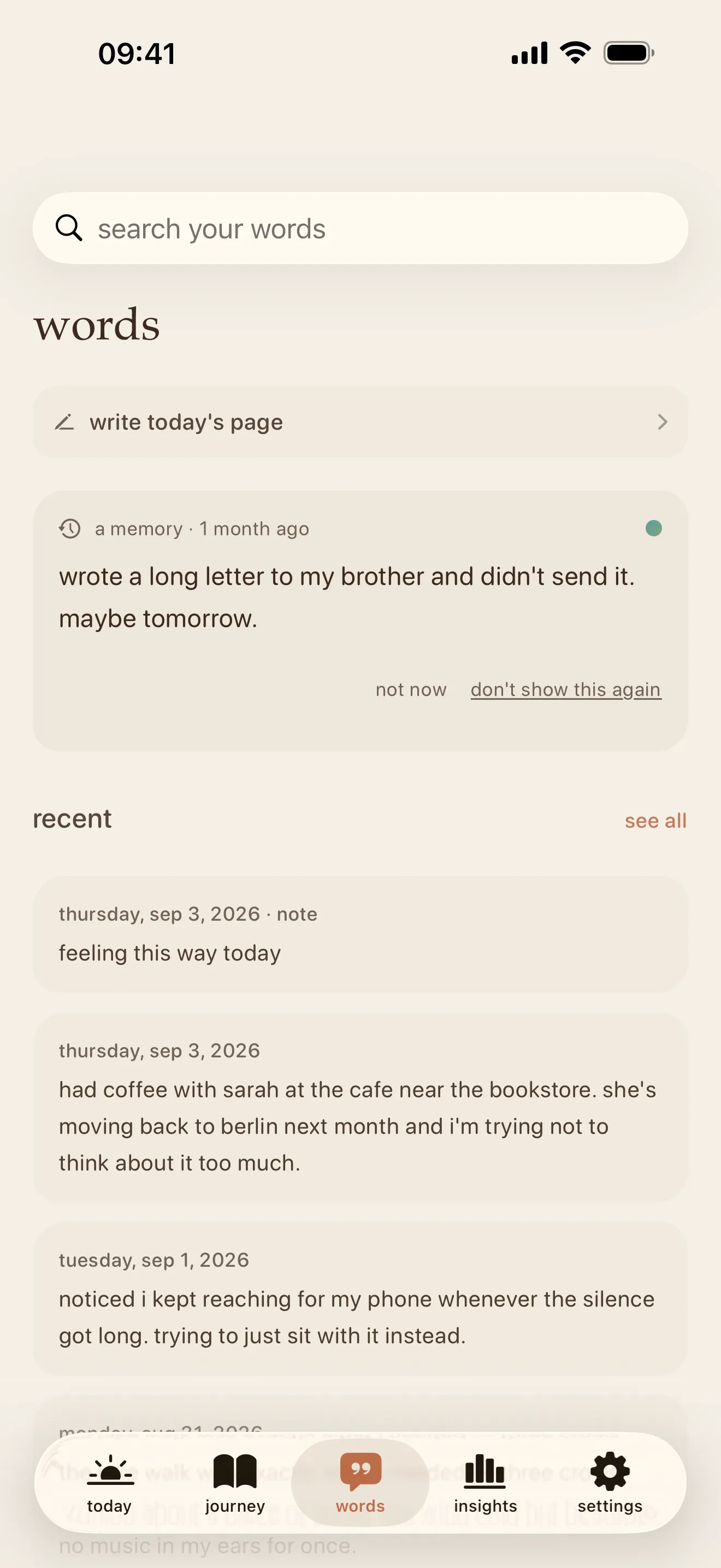 The words tab: a search field over your journal, a memory from a month ago, and recent pages and notes, each a few honest sentences.